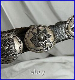 Vintage sterling silver Native American SWAN TAOS Concho leather belt 32