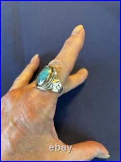 Vintage sterling silver Navajo men's turquoise horseshoe horseheads ring 10 1/2