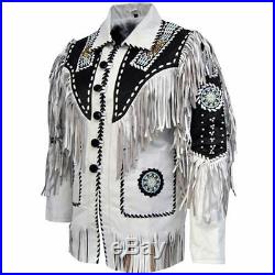 Vipzi Mens Native American Indian Suede Leather Jacket Bead bone & Fringe Work