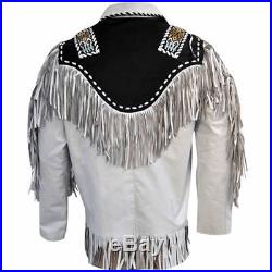 Vipzi Mens Native American Indian Suede Leather Jacket Bead bone & Fringe Work