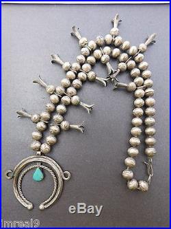 Vtg 1900 HAND MADE STAMPED SILVER BENCH BEADS Squash Blossom Turquoise Necklace