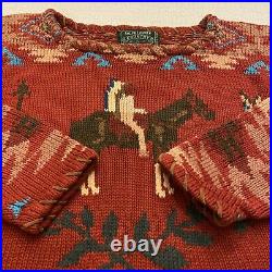 Vtg 90s Sz Large Ralph Lauren Polo Country Hand Knit NATIVE Pony AZTEC Sweater