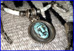Vtg CARVED TURQUOISE + HEISHI + bear Navajo pearl necklace 24.5 sterling silver