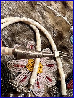 Vtg CARVED TURQUOISE + HEISHI + bear Navajo pearl necklace 24.5 sterling silver