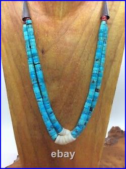 Vtg Double Strand Navajo Jacla Necklace Turquoise Shell Coral Sterling Silver