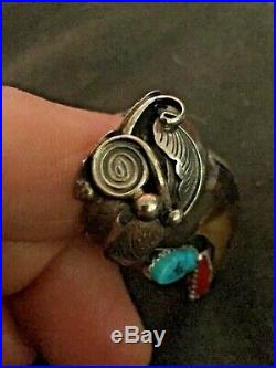 Vtg Elizabeth E. Etsitty Sterling Silver Navajo Claw Ring Turquoise Coral Size 9