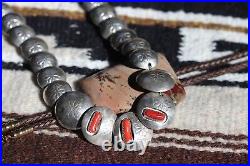 Vtg GRADUATED PILLOW BEAD coral shadowbox necklace Navajo disc saucer sterling