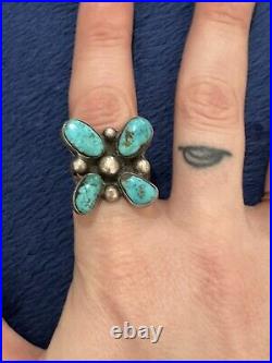 Vtg Handcrafted Native American Sterling Silver Turquoise Flower Ring, Sz 8.5