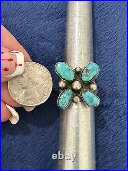 Vtg Handcrafted Native American Sterling Silver Turquoise Flower Ring, Sz 8.5