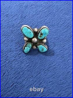 Vtg Handcrafted Native American Sterling Silver Turquoise Flower Ring, Sz 8.5