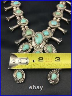 Vtg Huge 248g Navajo Squash Blossom Turquoise Sterling Silver Necklace