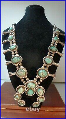 Vtg Large Heavy Sterling Silver Turquoise Squash Blossom Necklace 25 S 1950