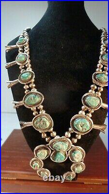 Vtg Large Heavy Sterling Silver Turquoise Squash Blossom Necklace 25 S 1950