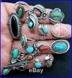 Vtg NATIVE AMERICAN Sterling Silver TURQUOISE CORAL & MORE! Ring Lot Of 14