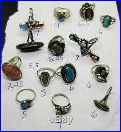 Vtg NATIVE AMERICAN Sterling Silver TURQUOISE CORAL & MORE! Ring Lot Of 14