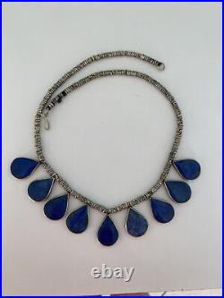 Vtg NAVAJO Native American Necklace Sterling Silver & 9 Lapis Teardrops 19 54gr