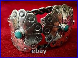 Vtg Native American Cuff Bracelet Silver & Turquoise Made Of 3 Silver Conchos
