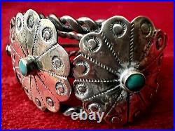 Vtg Native American Cuff Bracelet Silver & Turquoise Made Of 3 Silver Conchos