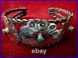 Vtg Native American Cuff Bracelet Silver & Turquoise Made Of 3 Silver Conchos