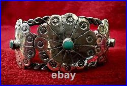 Vtg Native American Cuff Bracelet Silver & Turquoise Made Of 3 Silver Conchos