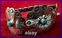 Vtg Native American Cuff Bracelet Silver & Turquoise Made Of 3 Silver Conchos