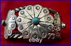 Vtg Native American Cuff Bracelet Silver & Turquoise Made Of 3 Silver Conchos