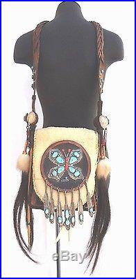Vtg Native American Hopi Leather Turquoise Sterling Slvr Elkhorn Elvis Purse Bag