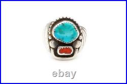 Vtg Native American Navajo Sterling Silver Turquoise Coral Mens Ring Size 10.5