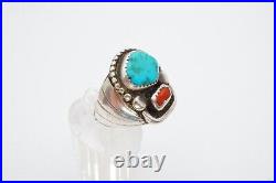 Vtg Native American Navajo Sterling Silver Turquoise Coral Mens Ring Size 10.5