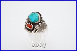 Vtg Native American Navajo Sterling Silver Turquoise Coral Mens Ring Size 10.5
