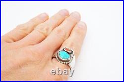 Vtg Native American Navajo Sterling Silver Turquoise Coral Mens Ring Size 10.5