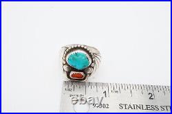 Vtg Native American Navajo Sterling Silver Turquoise Coral Mens Ring Size 10.5