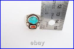 Vtg Native American Navajo Sterling Silver Turquoise Coral Mens Ring Size 10.5
