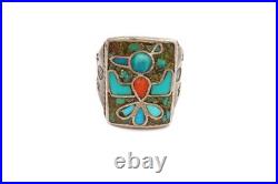 Vtg Native American Navajo Sterling Silver Turquoise Thunderbird Ring Size 12.5
