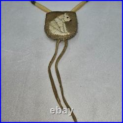 Vtg Native American Porcupine Quilled Bear Leather Pendant Bone & Chevron Beads