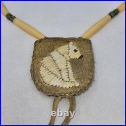 Vtg Native American Porcupine Quilled Bear Leather Pendant Bone & Chevron Beads