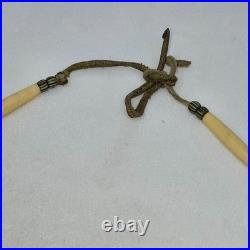 Vtg Native American Porcupine Quilled Bear Leather Pendant Bone & Chevron Beads Vtg Native American Porcupine Quilled Bear Leather Pendant Bone & Chevron Beads