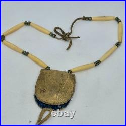 Vtg Native American Porcupine Quilled Bear Leather Pendant Bone & Chevron Beads