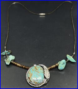 Vtg Native American Sterling Liquid Silver Long Necklace With Turquoise Tested