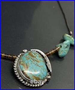 Vtg Native American Sterling Liquid Silver Long Necklace With Turquoise Tested