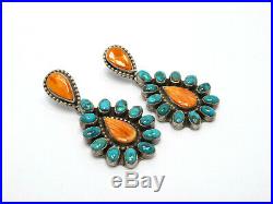 Vtg Native American Sterling Silver Spiny Oyster Turquoise Large Dangle Earrings