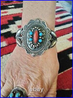 Vtg. Native American Sterling Silver Turquoise & Coral Bracelet 72.9 Gr. Signed