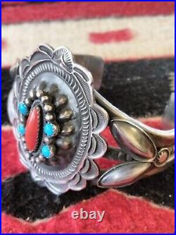 Vtg. Native American Sterling Silver Turquoise & Coral Bracelet 72.9 Gr. Signed