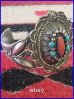 Vtg. Native American Sterling Silver Turquoise & Coral Bracelet 72.9 Gr. Signed