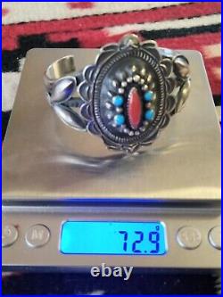 Vtg. Native American Sterling Silver Turquoise & Coral Bracelet 72.9 Gr. Signed