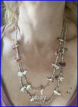 Vtg Native American Two Strand Stone Birds Animals Fetish 23.75 Beaded Necklace