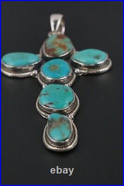 Vtg Navajo Native American 925 Sterling Silver 3 Turquoise Cross Pendant 20g