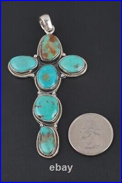 Vtg Navajo Native American 925 Sterling Silver 3 Turquoise Cross Pendant 20g