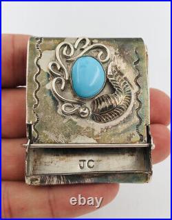 Vtg Navajo Native American Sterling Silver & Turquoise Cigarette Match Box Case