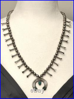 Vtg Navajo Squash Blossom Necklace Sterling Silver Turquoise Naja 1940-1960s 24